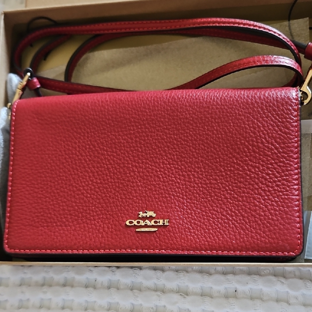 Coach Red Pebbled Leather Crossbody with Matching Card Case - Picture 2 of 5